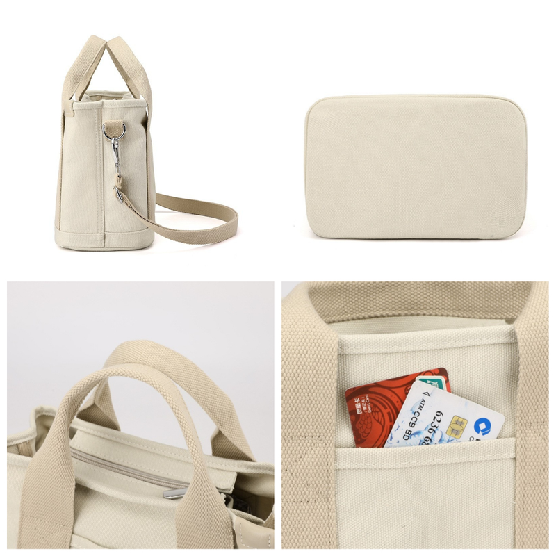 Multi-Compartment Canvas Tote Bag, 3-Way Handheld, Crossbody, and Shoulder Bag with Adjustable Strap for Daily Work and Shopping - Black — image 4