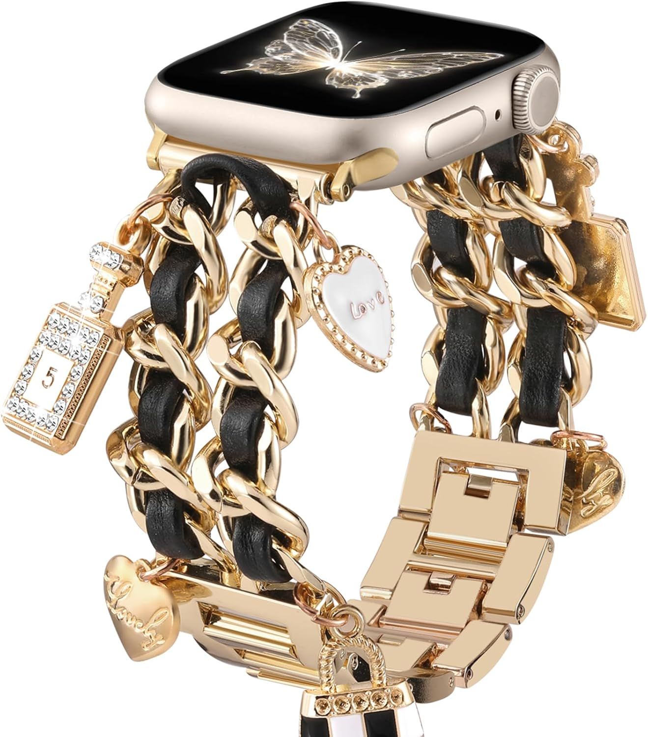 Gold Band Compatible with Apple Watch Bands for Women 40mm 42mm 38mm 41mm 44mm 45mm 46mm, Metal Double Chain Link Design Bracelet Replacement for โ image 3