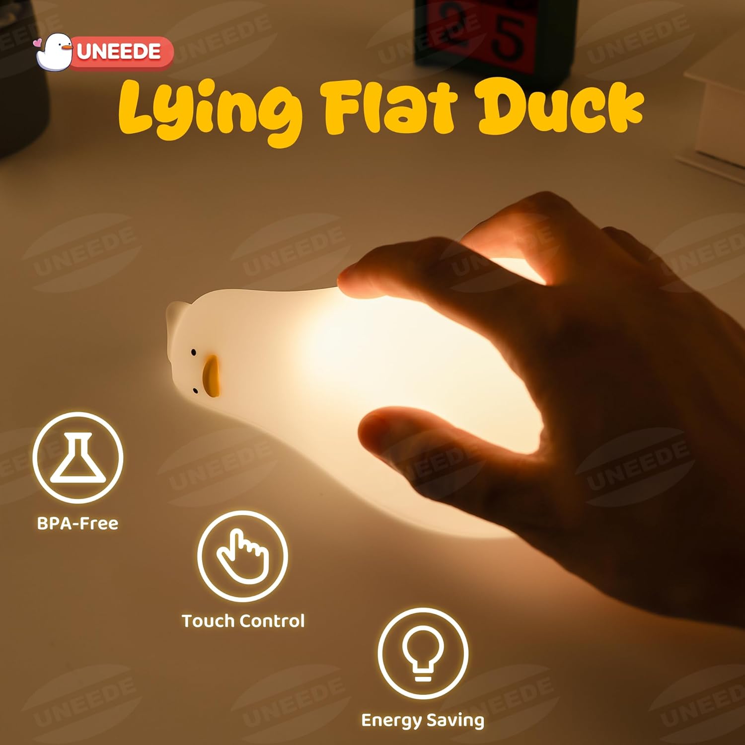 UENEEDE Lying Flat Duck Lamp, 3 Level Dimmable Rechargeable Silicone Night Light, Benson Duck Cute Squishy Touch Sensor Bedside Lamp for Nursery — image 5