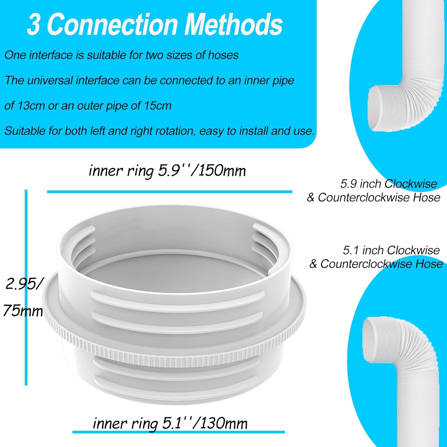 Portable Air Conditioner Exhaust Hose Connector, Both 5.1"/5.9" Exhasut Vent Hoses with Clockwise & Counter Clockwise, Universal Mobile AC Unit Vent Hose — image 5