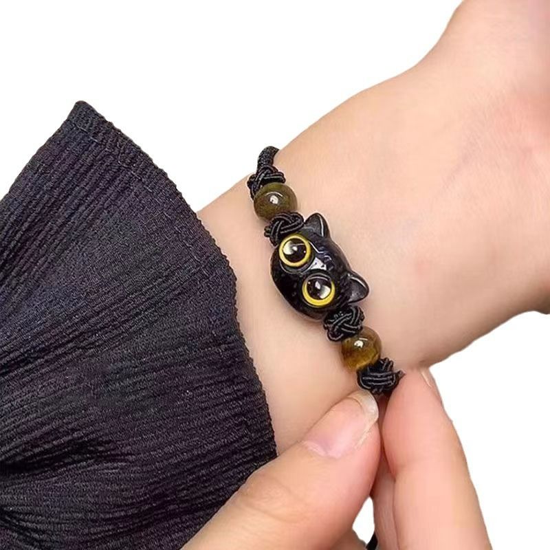 Cute Cat Beaded Bracelets Crystal Cat Wristband Jewelry Braided Rope Bracelet Stylish Jewelry Women Girl Teen — image 3