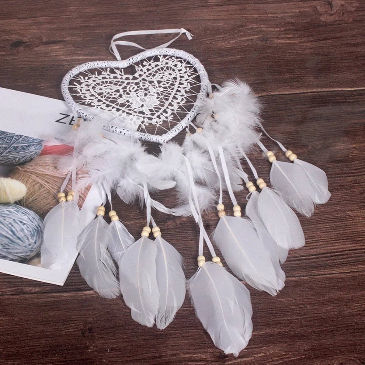 Handmade Dream Catcher | Dream Catcher XXL | Large Handmade Dream Catcher | Dream Catcher - Large Dream Catcher | Heart Dream Catcher | With Feathers | White — image 2