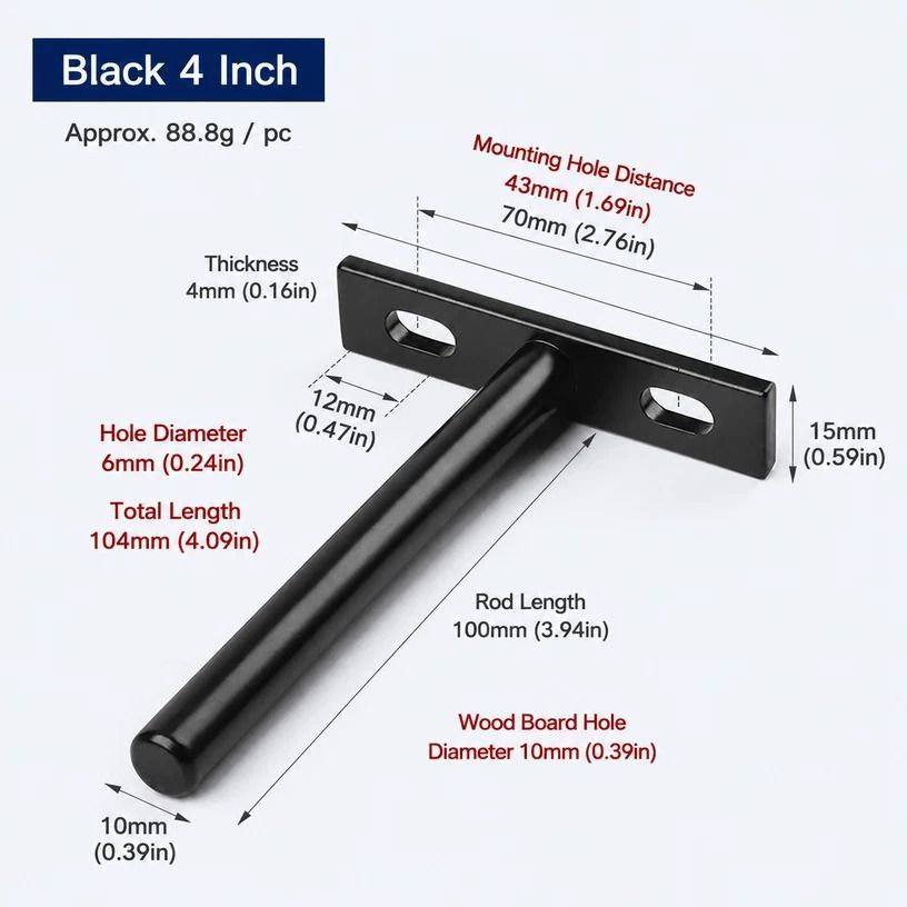 4" Black Hidden T Shelf Bracket 2Pcs w/ 5x60&5x80 Screws — image 2