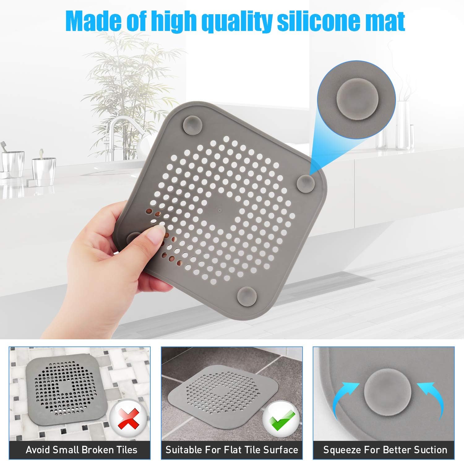 Square Drain Cover for Shower 5.7-inch TPR Drain Hair Catcher Flat Silicone Plug for Bathroom and Kitchen Filter Shower Drain Protection Flat Strainer Stopper โ image 3