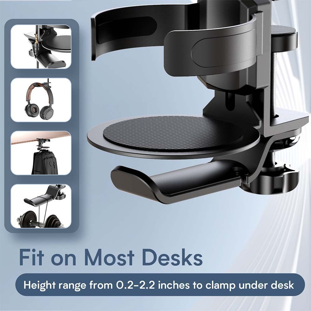 Silver 2-in-1 Rotating Headphone and Cup Holder - No-Drill Aluminum Alloy Desk Clamp Mount for Over-Ear Headsets and Beverages - Space-Saving Organizer for — image 3