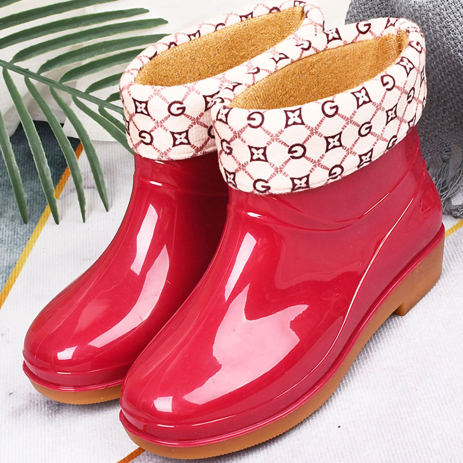 Womens Rain Boots Fashion Antiskid Short Rain Boot Round Head Radian PVC Plastic Rain Boots Red Padded 37 โ image 3