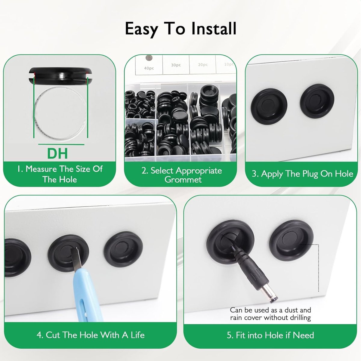 Rubber Grommet - Pack of 200 - Black - 7mm/9mm/12mm/16mm/20mm/22mm/25mm - Closed Rubber Grommet - For Wire, Electrical Installation, Cable Protection - Round โ image 2