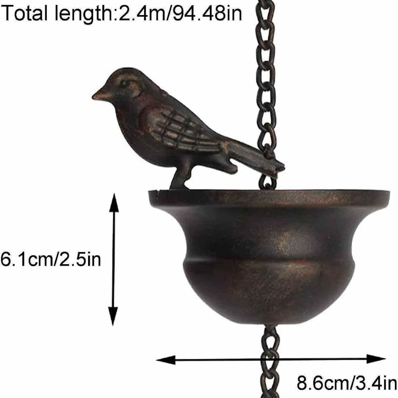 Vintage Metal Bird Shaped Rain Chain Catcher - 94 Inches Decorative Hanging Gutter Chains with 8 Iron Birds and Cups - Drain Garden Mobile Birds Steering Wheel โ image 5