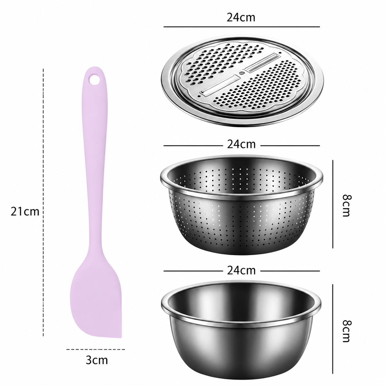 Home Salad Preparation Kit-Multifunctional Stainless Steel Vegetable Grater Bowl Set and Silicone Spatula - 28cm Kitchen Prep Tool for Slicing, Shredding