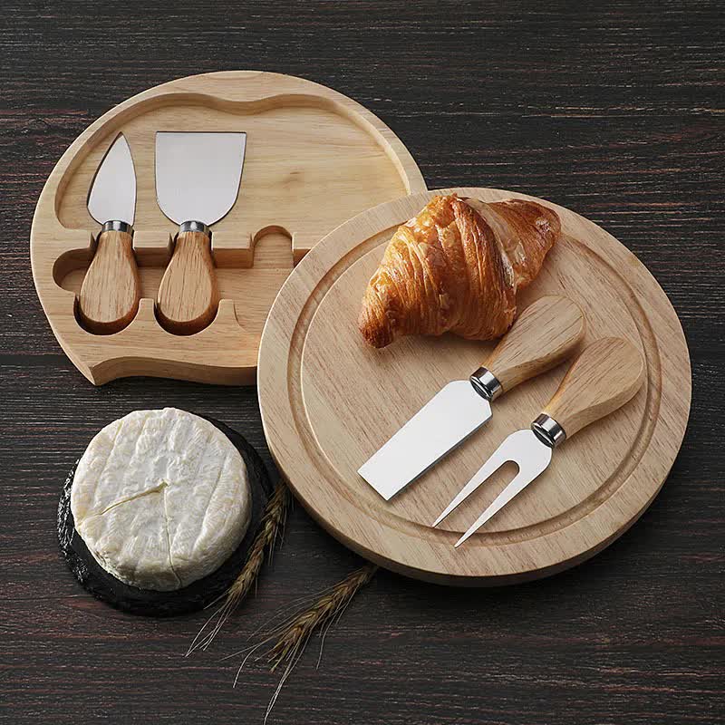 Brown And Silver Compact Round Rubberwood Cheese Board Set | 4 Stainless Steel Knives & Tools โ image 3