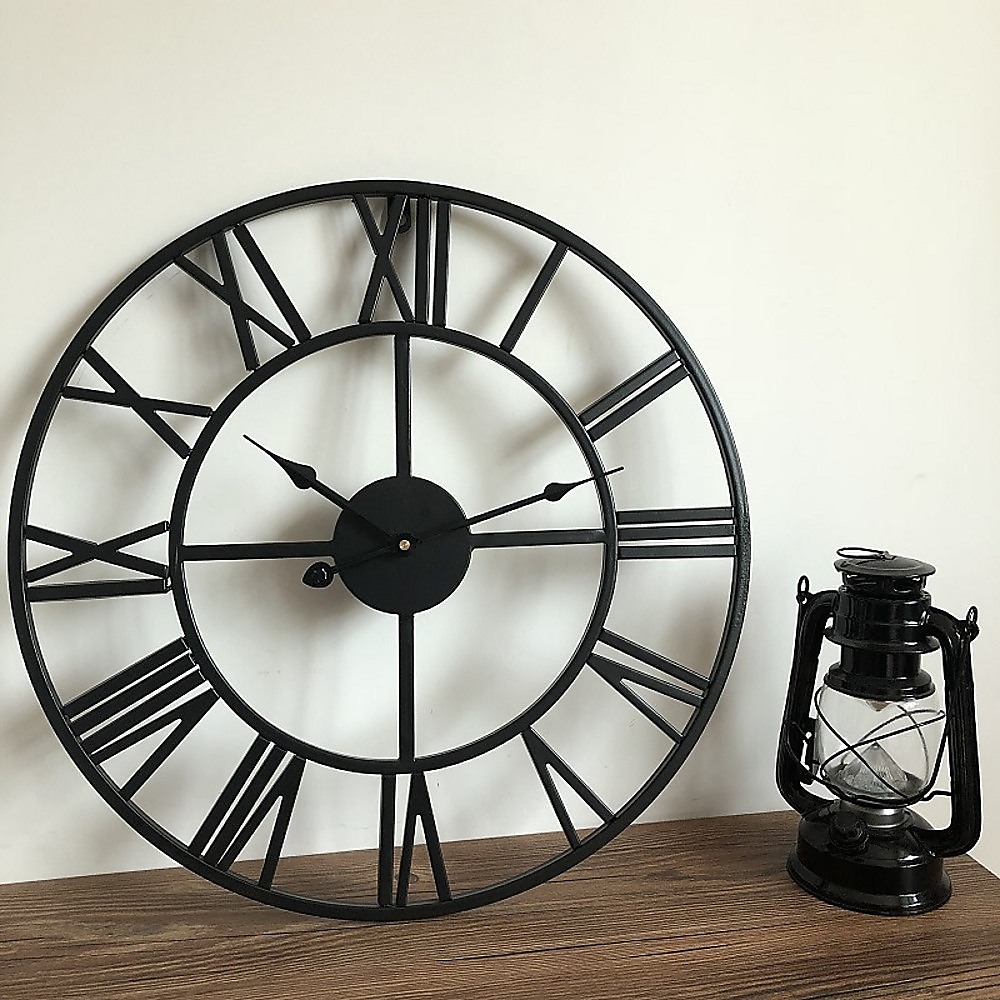 60cm Industrial Large Wall Clock, Round Metal Wall Clocks Roman Numerals Style — image 4