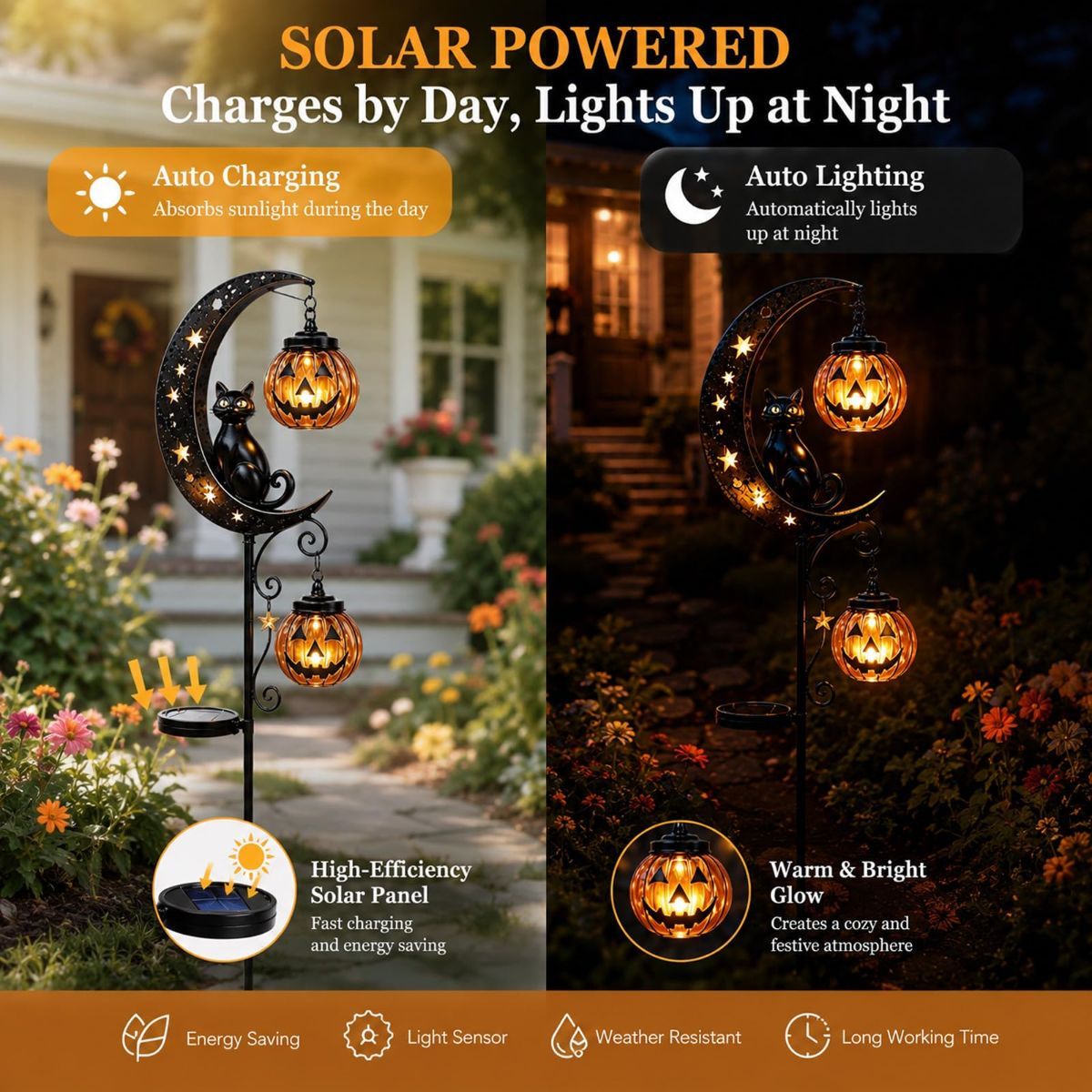 Solar Halloween Garden Stake Lights Black Cat Pumpkin Moon Lights Outdoor - Yellow - Size A — image 4