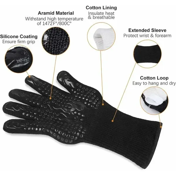 1 Pair Heat Resistant Aramid BBQ Grill Gloves with Non-Slip Grip for Ovens, Kitchens, Camping and Outdoor Cooking, Black — image 2