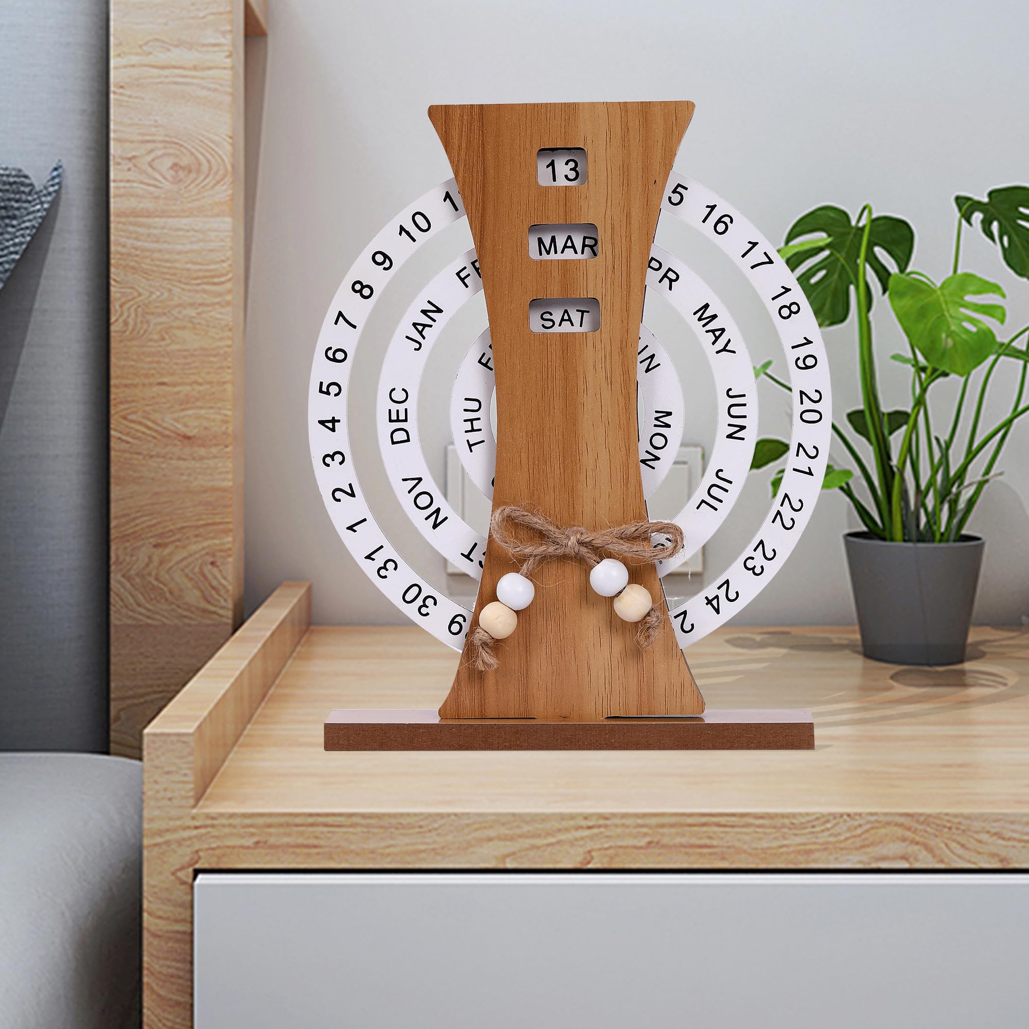 Wooden Perpetual Calendar with Rotating Discs – Elegant Desk Decor for Home & Office, Date Day Month Display (Natural Wood) — image 5