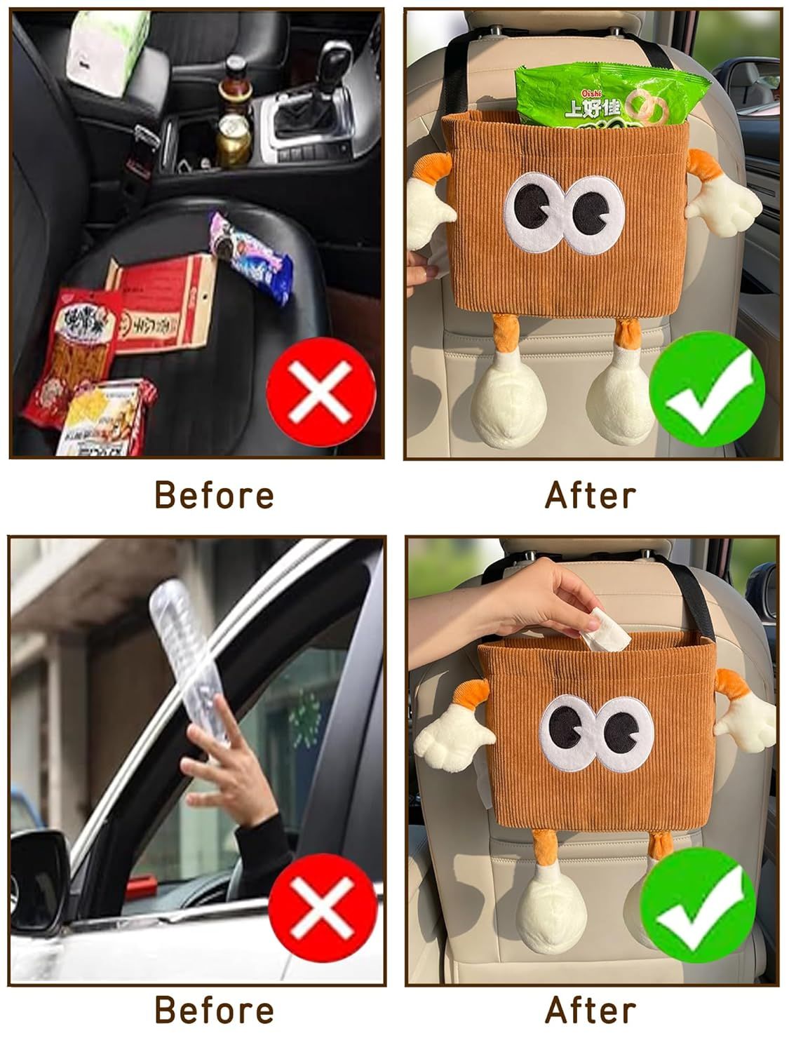 Car Cute 2 in 1 Trash Can with Tissue Holder Box Seat Back Bag Hanging over the Seat Organizer Plush Cartoon Animal Storage Garbage,Brown — image 5