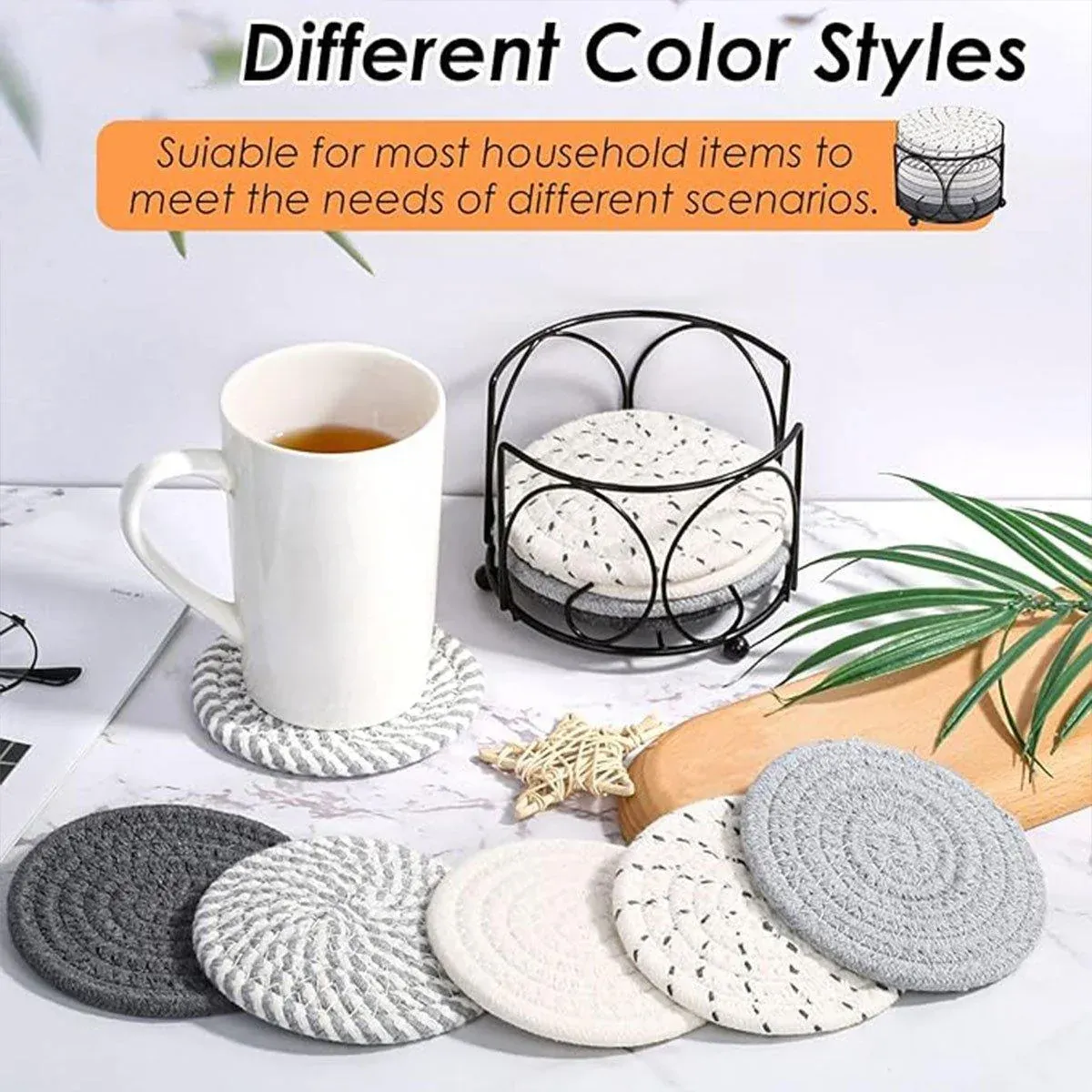 8PCS Round Cotton Woven Coaster Heat Resistant Thick Insulation Dining Table Mat - Grey β image 6