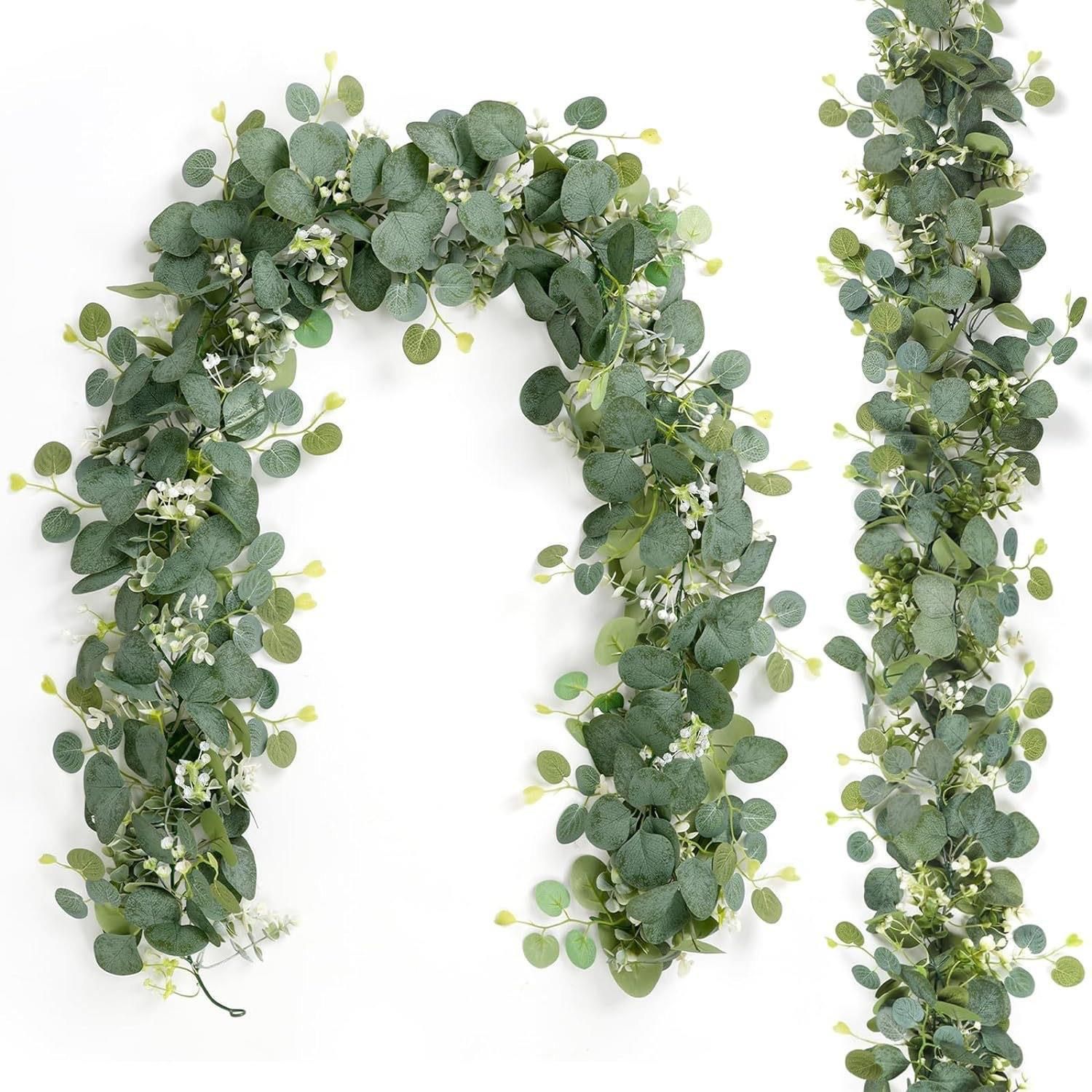 2pcs Artificial Fake Silver Dollar Eucalyptus Vines Table Runner for Wedding Arch Backdrop Table Centerpiece Home Mantle Decor