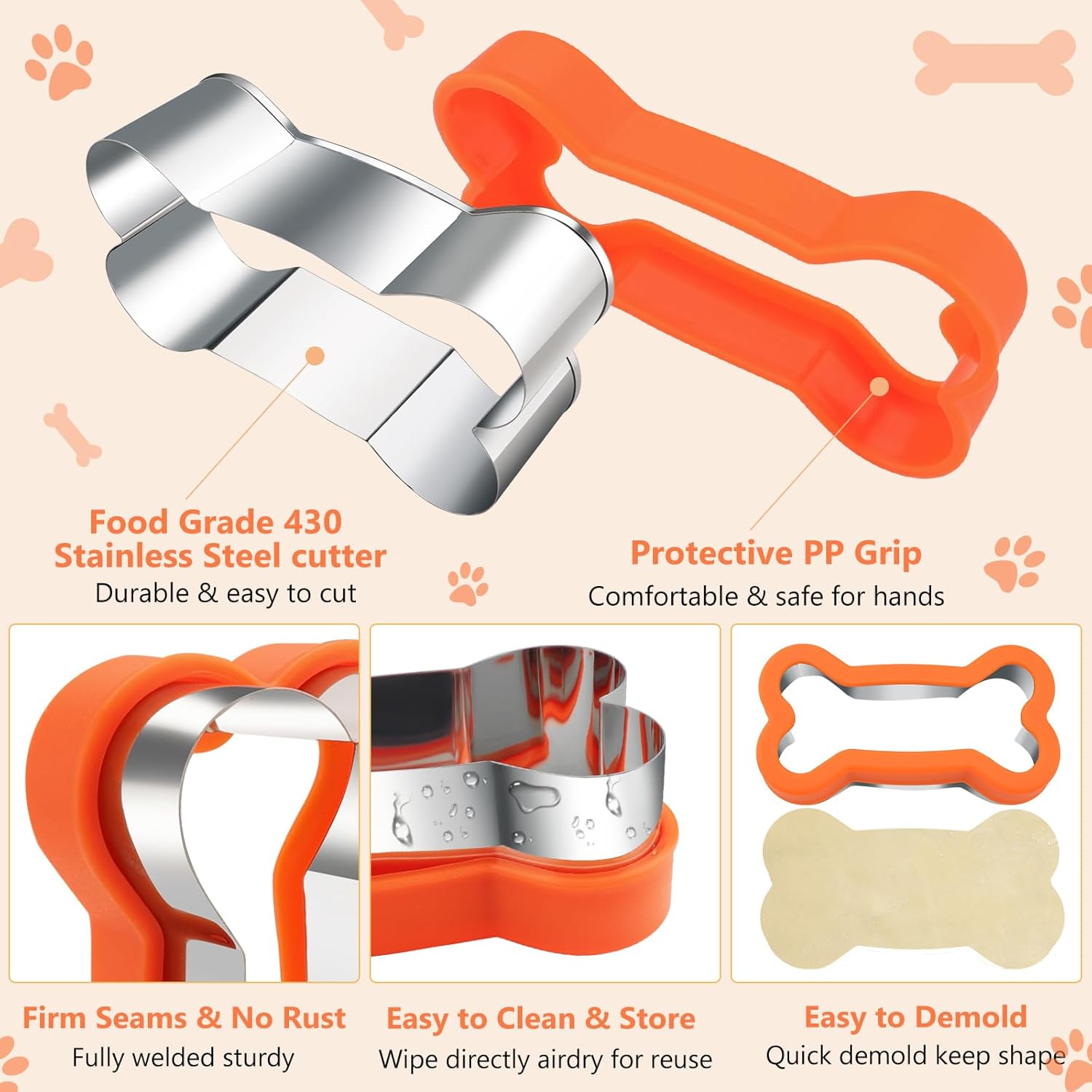Dog Cookie Cutters Set 3 Piece -3 Different Sizes Of Dog, Bone, and Paw Print Cookie Mold Dog Bone Cutters Stainless Steel Shaped Cutters for Homemade — image 2