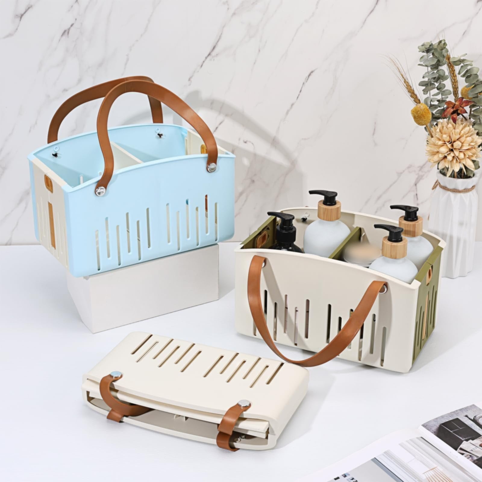 Cotton Rope Storage Basket with PU Leather Handles, Woven Organiser for Toys, Laundry, Blankets, 25.5 × 17 × 25 cm, White — image 4