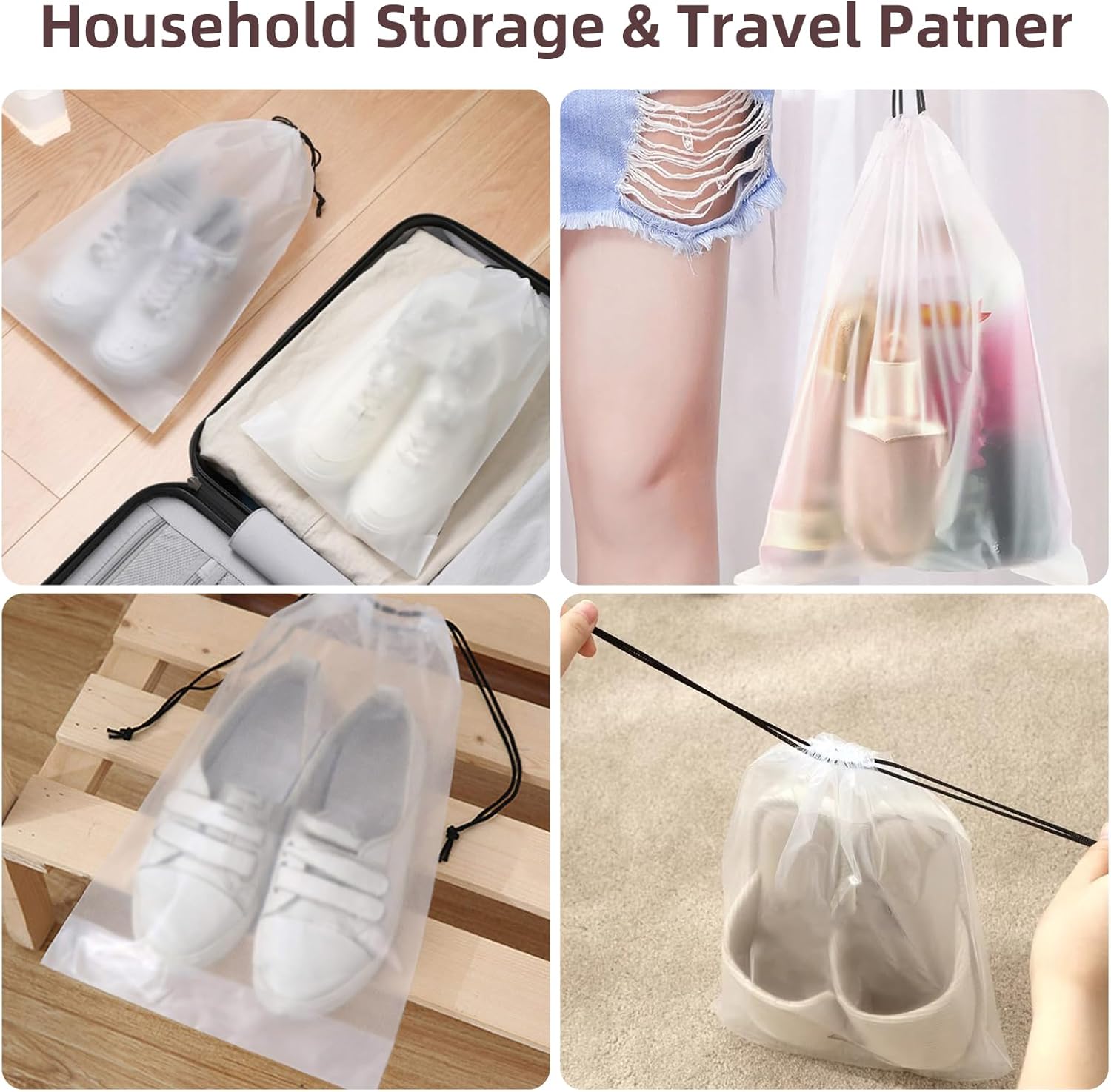 Store 10 Pack Transparent Shoe Bags 40 × 30 cm for Travel Large Clear Shoes Storage Organizers Pouch with Rope for Men and Women Home Storage Water-Resistant — image 3