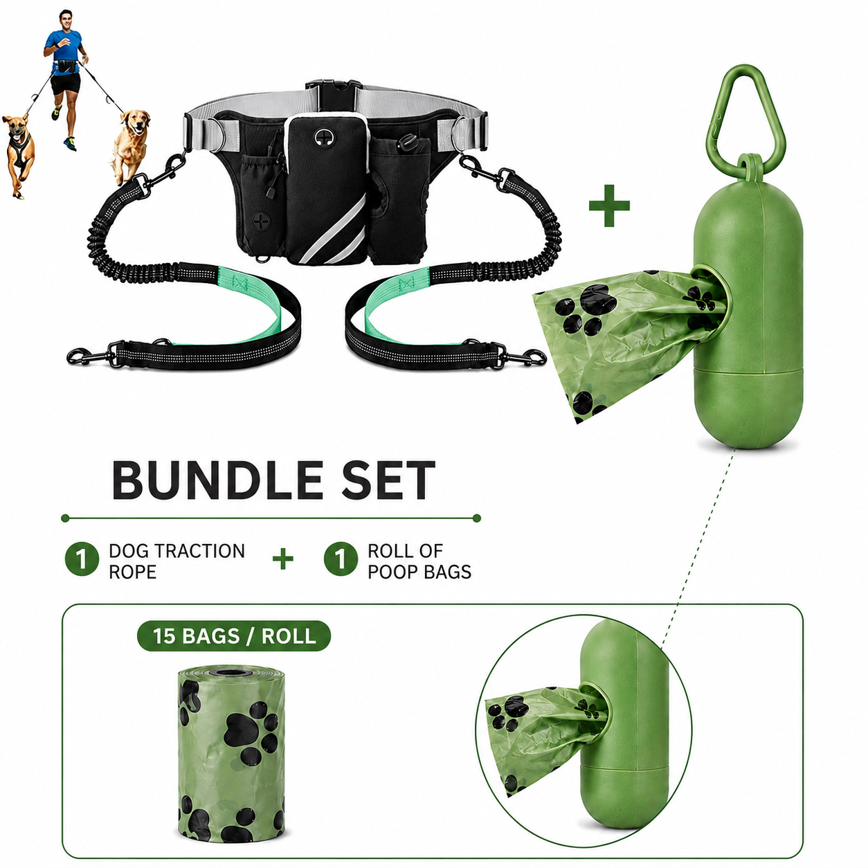 Hands Free Dog Leash Running Belt with Adjustable Bungee Lead(Mint green), Multi Pocket Outdoor Waist Bag and Free Roll of 15 Poop Bags for Walking, Jogging