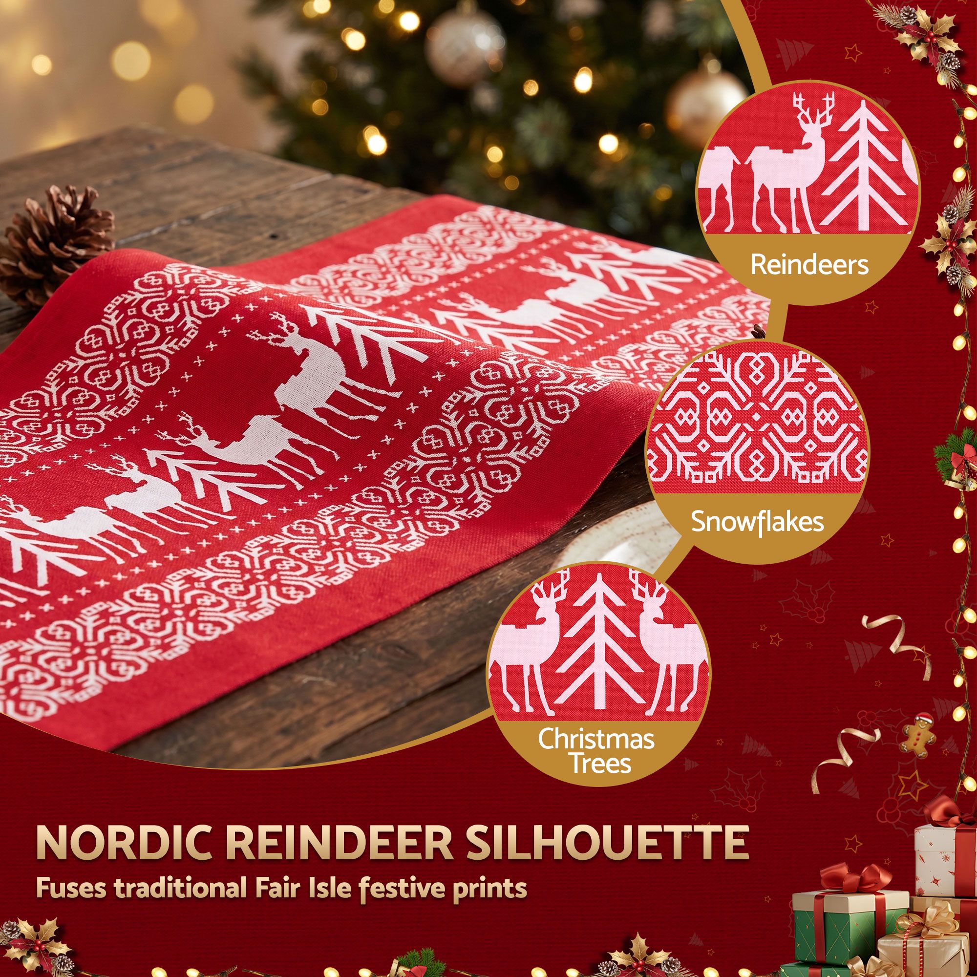 Jingle Jollys Christmas Table Runner Reindeers 270x28CM Dining Party Decor Red โ image 4
