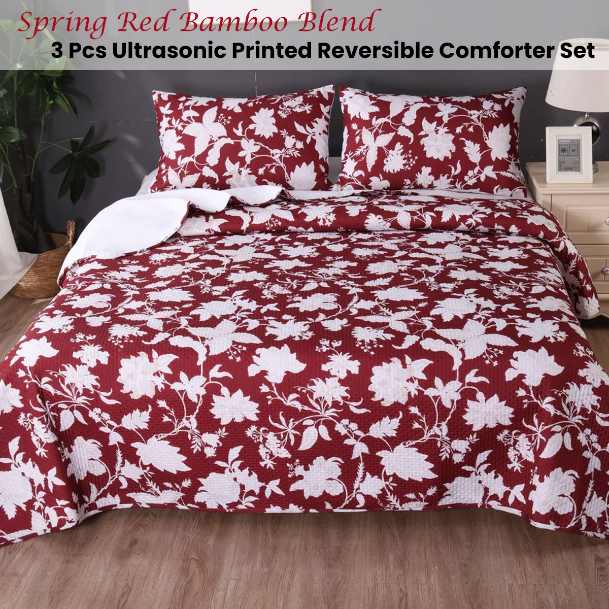 Ramesses Spring Red 3 Pcs Bamboo Blend Ultrosonic Reversible Comforter Set King — image 2