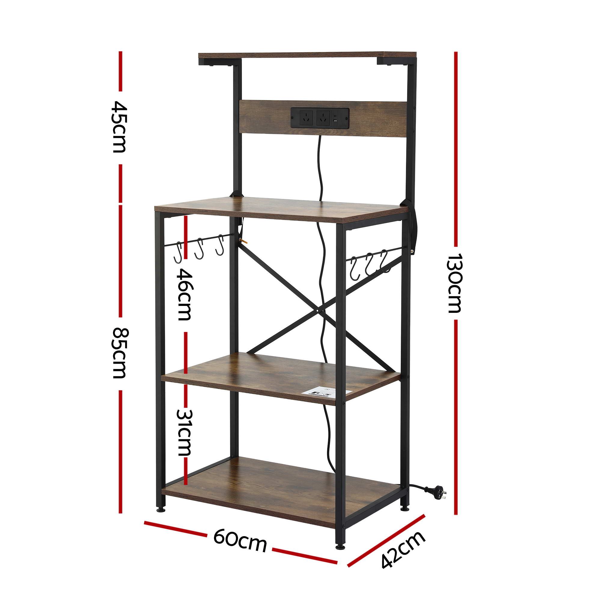 Artiss 4-Tier Kitchen Rack with 2 Power Outlets 6 Hooks Microwave Storage Shelf โ image 3
