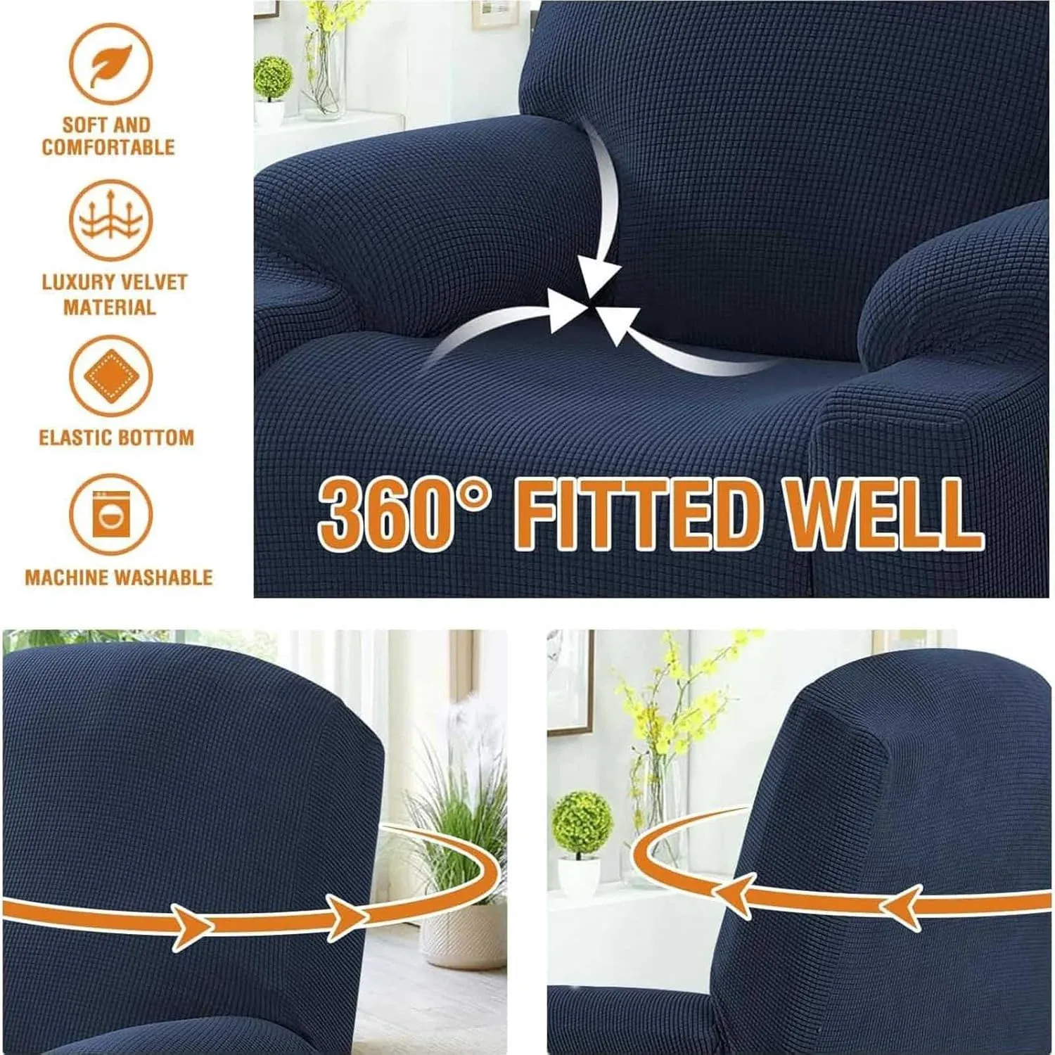 Power Lift Recliner Chair Cover, Stretch Jacquard Slipcover with Side Pocket, Navy Blue — image 5