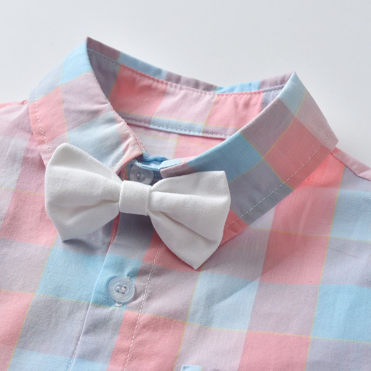 Bugava Boys Plaid Shirt Suspenders Set Summer Cotton Pink plaid shirt + suspenders 100cm โ image 4