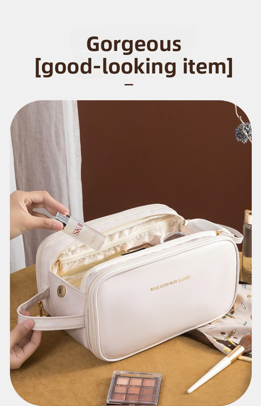 White Large Capacity PU Leather Makeup Bag Dual Zipper Cosmetic Case Waterproof Travel Toiletry Organiser with Brush Compartment โ image 6