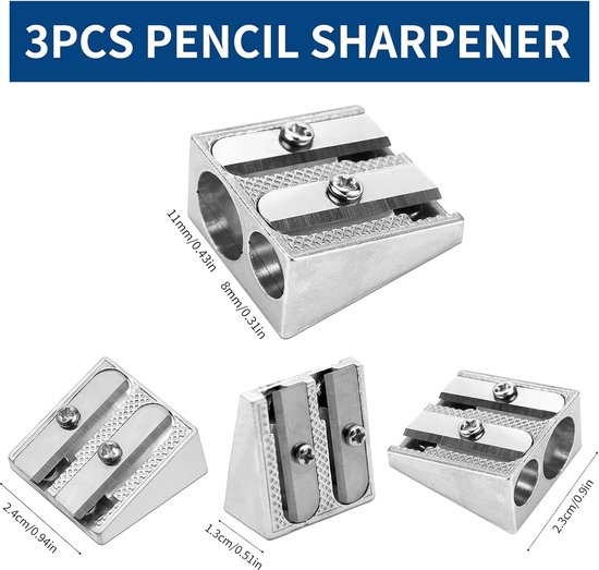 Pencil Sharpener - 3-Piece - Double Hole Pencil Sharpener - Portable Manual Pencil Sharpener - Suitable for Children, Home, School and Office - Silver — image 5