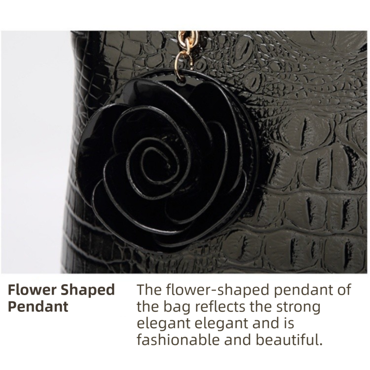 Dark Blue Patent PU Leather Crocodile Embossed Shell Bag(30 × 11 × 26 CM) with Floral Pendant — image 2