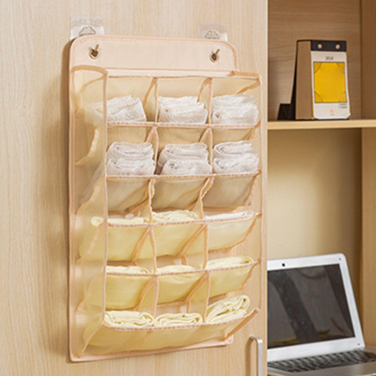 Closet Hanging Underwear Organizer Mesh Oxford Cloth PP Board Underwear Wall Shelf Wardrobe Hanging Storage Bag for Bra Socks Underpants 15 Pockets Beige — image 6