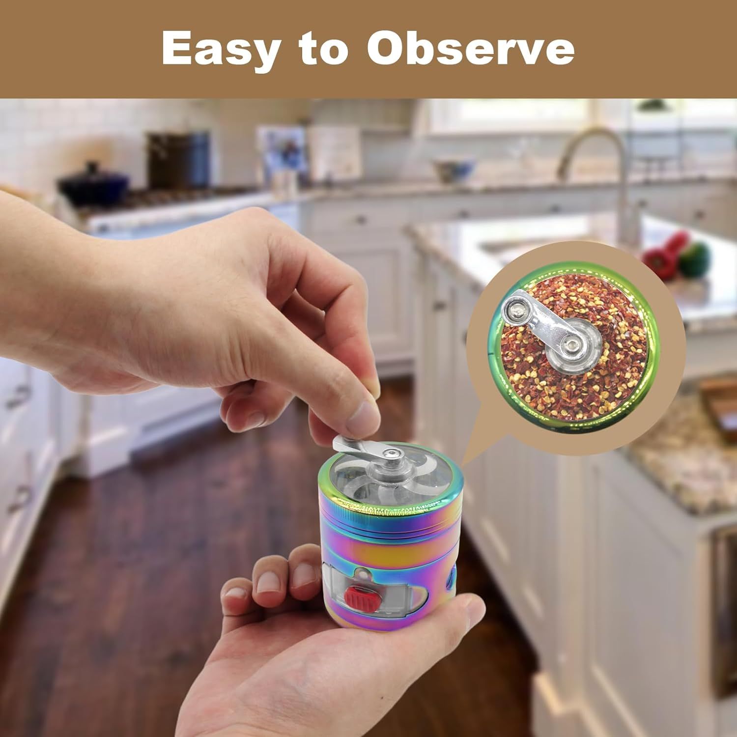 2.5 Inch Spice Grinder with Handle, Zinc Alloy Metal Rainbow Hand Crank Grinder With Transparent Top Cover for Grinding — image 2