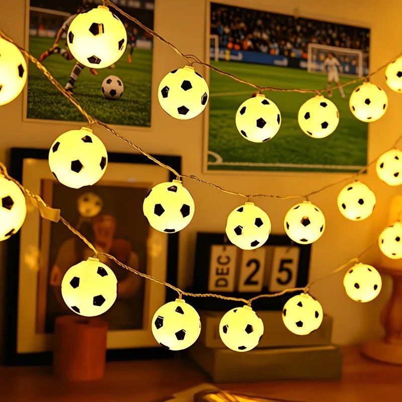 Football Shaped LED String Light, Warm Yellow Soft Glow, Cozy Decoration for Bedroom and Party. Battery Powered, 3Meters with 20 Lights