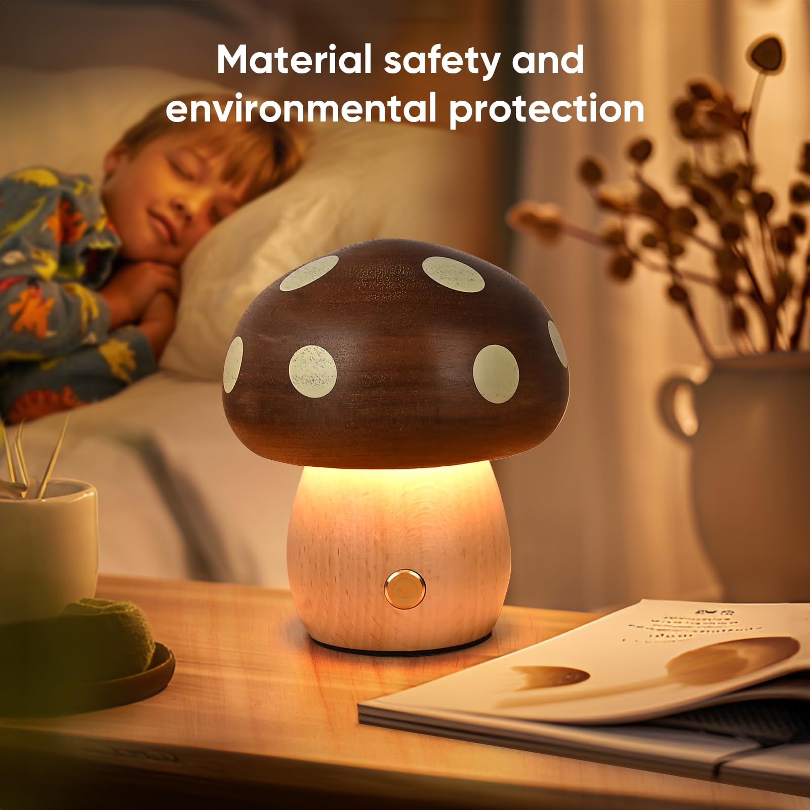 Touch Control Mushroom Night Light – Rechargeable Wooden Desk Lamp with 4 Brightness Levels, Soft Warm Glow for Baby Nursery, Bedroom, or Travel (Wooden Color) — image 2