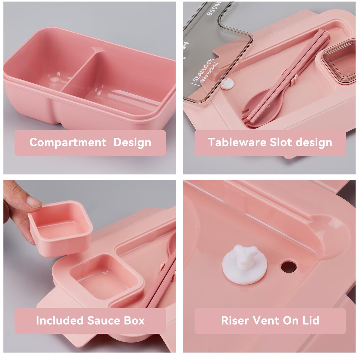 Bento Box - Bento Set with Cutlery - Lunch Bag - Lunch Box - Leakproof Food Container with Compartments - Lunch Box for Kids, School, Office, Picnic - Pink — image 6