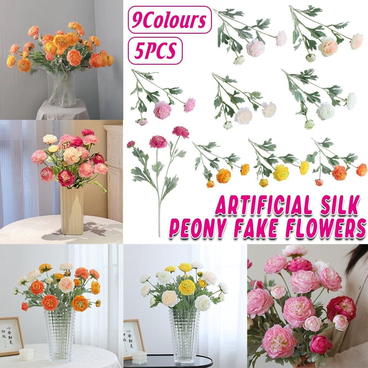 5pcs Artificial Peony Silk Flowers Bouquet Decor Faux Floral Arrangements - Purple Red โ image 2