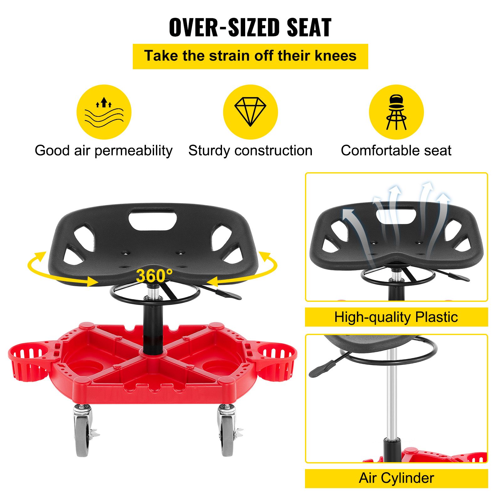 Rolling Garage Stool, 300LBS Capacity, Adjustable Height from 18 in to 23 in, 360-degree Swivel Wheels (4/"), Large Tool Tray with Two Bottle Holder, for โ image 6