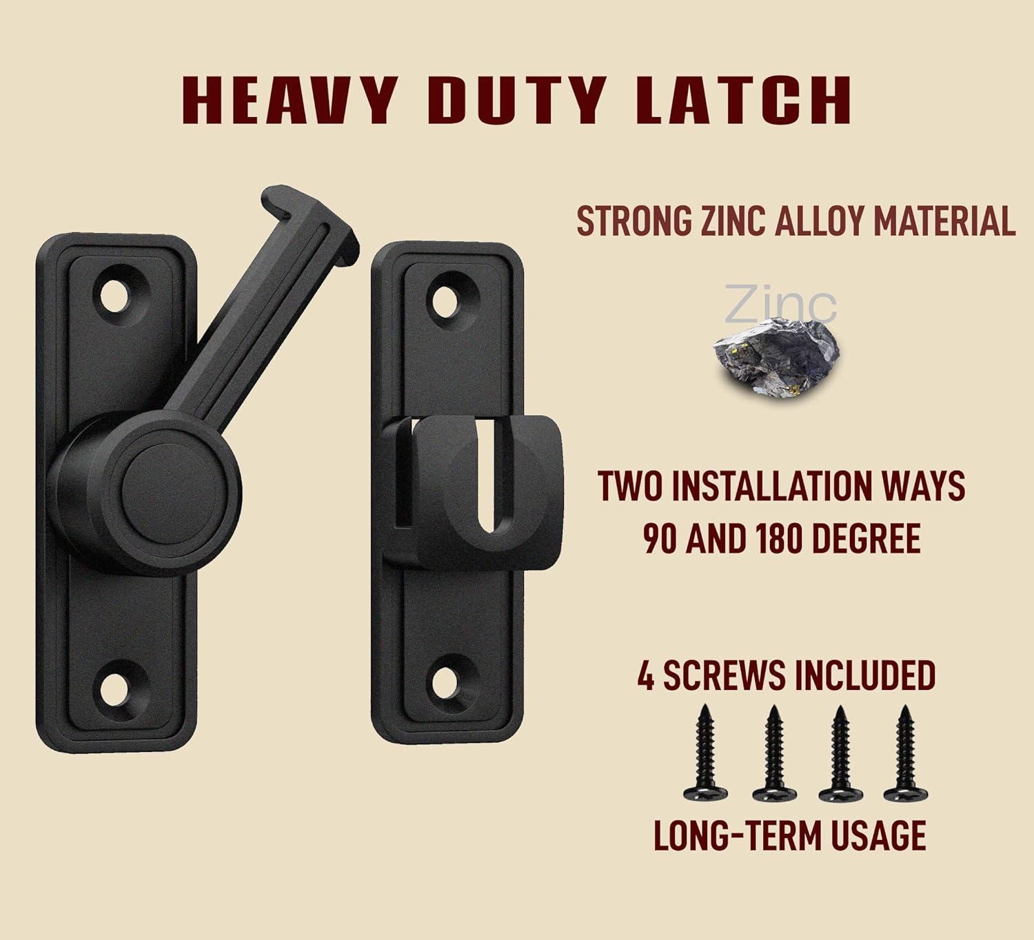 Barn Door Privacy Latch, 90°/180° Swing Slide Lock, Zinc-Alloy, Adhesive or Screw Mount, Interior Use for Bathroom/Bedroom/Closet/Shed, Includes Screws & Glue — image 4