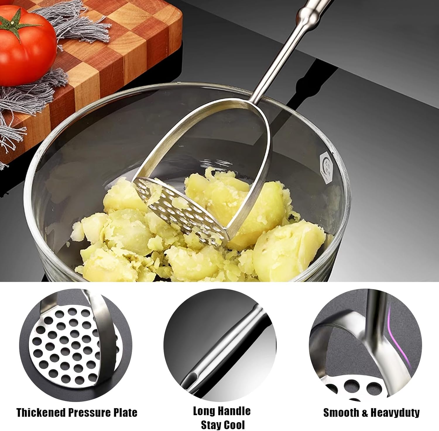 Potato Masher, Stainless Steel Mashed Potatoes Masher with Long Handle for Beans, Avocado, Fruit, Vegetables.One Piece Construction Heavy Duty Masher — image 2