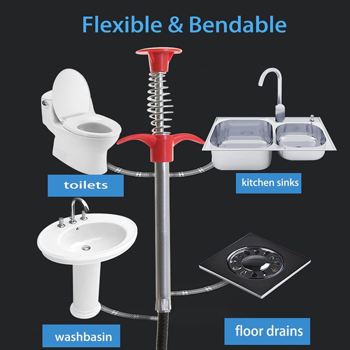 Sink plunger - Flexible drain cleaner - Gripper with 4 claws - For kitchen sink and bath - Retractable poles (160 cm) — image 3