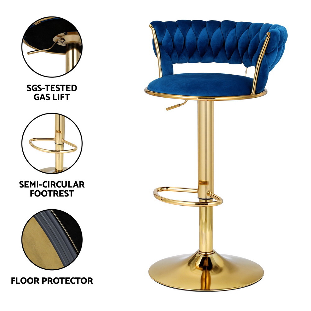 Artiss 2x Bar Stools Gas Lift Velvet Woven Backrest Navy — image 5