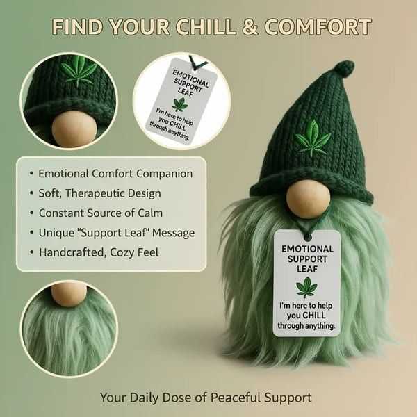 Emotional Support Weed Gnome Crocheted Doll – Handmade Knitted Plush Table Desktop Figurine with Beanie & Motivational Tag, Novelty Birthday Party Gift — image 2