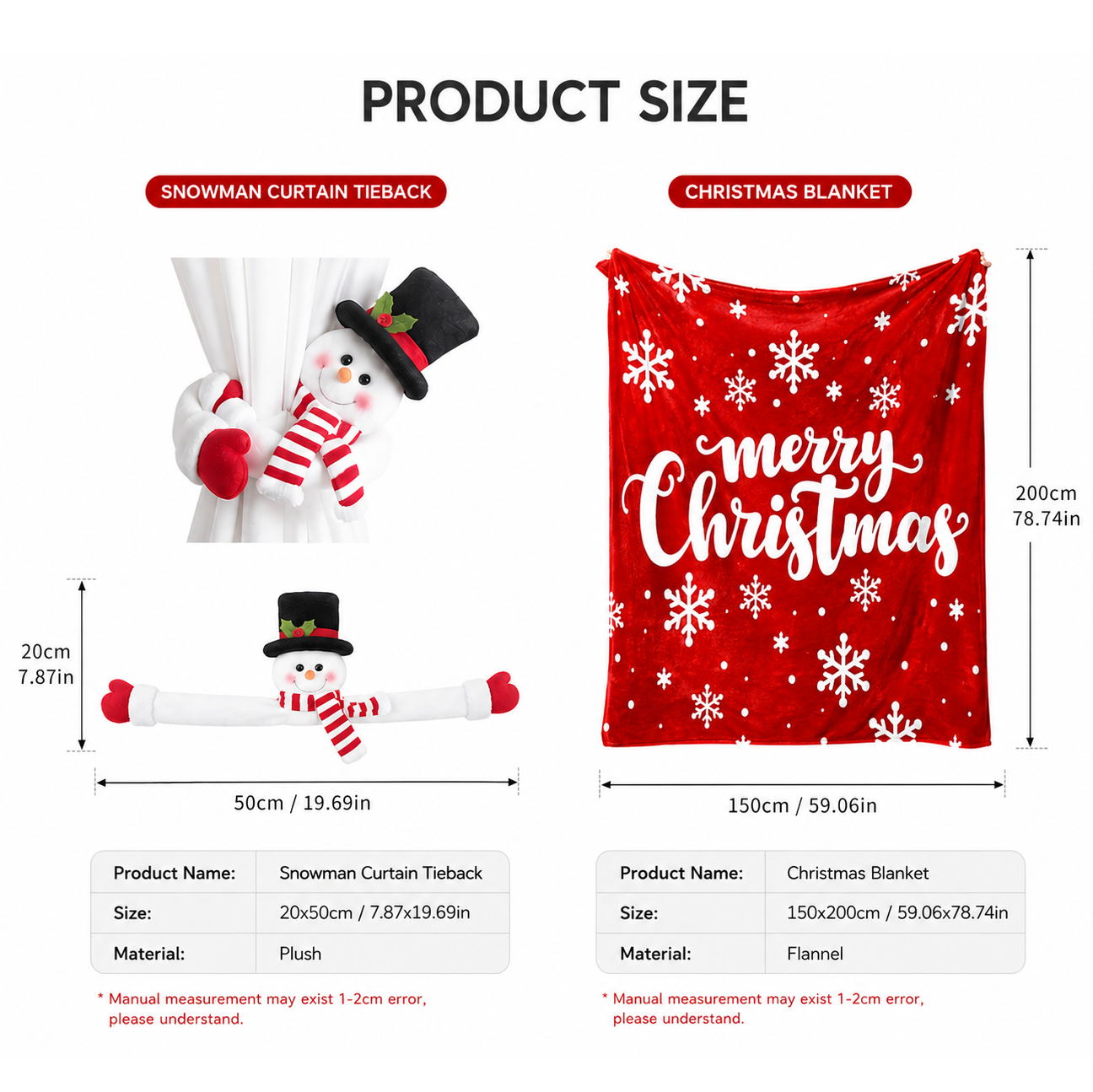 Christmas Flannel Throw Blanket and Snowman Curtain Tieback Set, 150 × 200cm Thick Fleece Sofa Blanket with 2 Plush Snowman Velcro Curtain Holders for Holiday — image 6