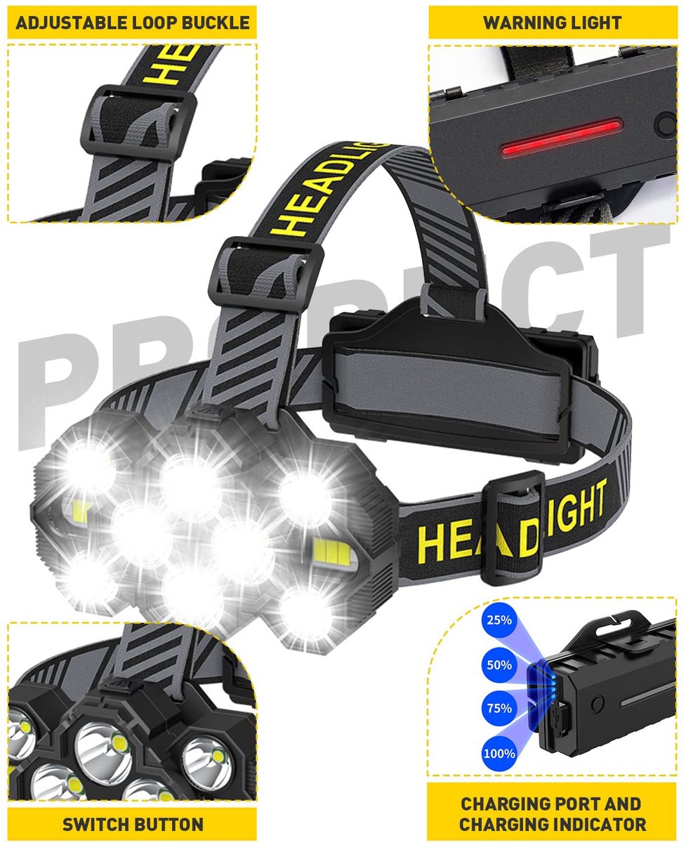 Headlamp - Rechargeable LED Headlamp - 10 LEDs - Extra powerful - 1000 lumens - 150-meter beam distance - Adjustable — image 4