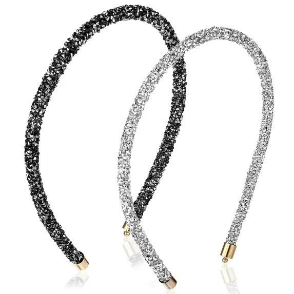 2Pcs Rhinestone Headband, Sparkly Crystal Headband for Women Girls Glitter Diamond Headbands Bling Hair Styling Accessories for Wedding Birthday Party (Black
