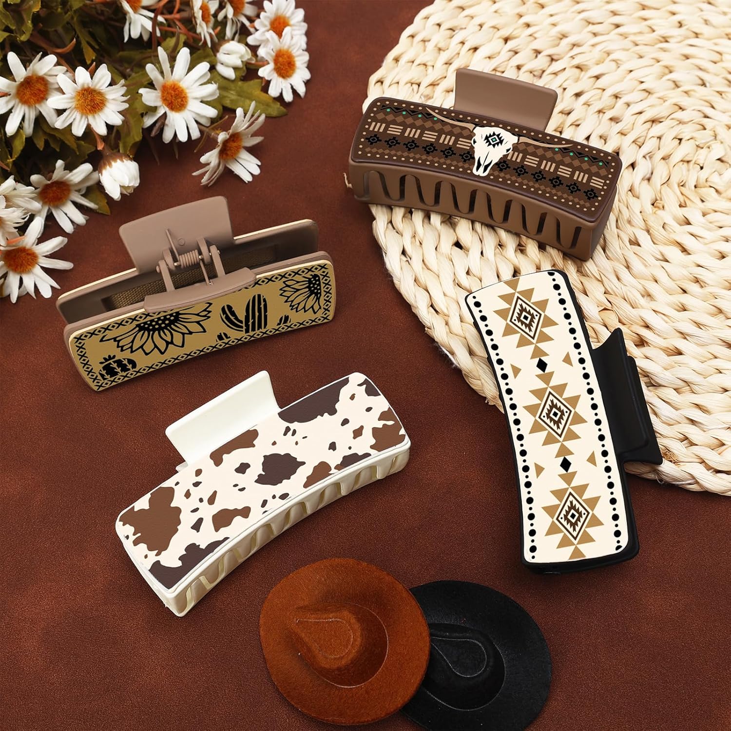 Western Leather Hair Claw Clips Sunflower Floral Square Claw Clips for Hairstyling Southwest Cow Print Cowhide Hair Accessories Large Aesthetic Western Cowgirl β image 6