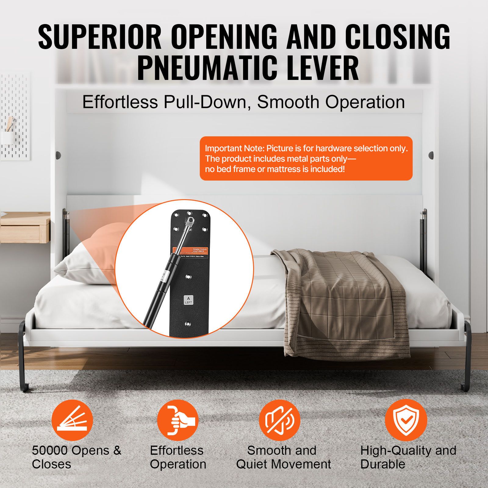 Murphy Bed Kit, Queen Size, Vertical Deluxe DIY Wall Bed Mechanical Hardware Kit, Pneumatic Lever Heavy Duty Bed Frame Support, Folding Cabinet Wall Bed Space โ image 5